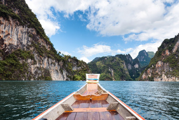 View for long tail boat, Scene of Ratchaprapha Dam at Khao Sok National Park, Surat Thani Province, Thailand.