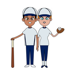 boy and girl with baseball sport equipment over white background. colorful design. vector illustration