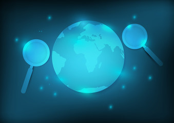 Earth and magnifier with blue background