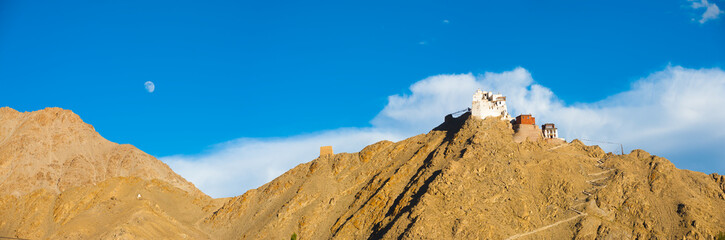 Fototapeta na wymiar Leh Tsemo Fort Gompa Panoramic Mountain Moon
