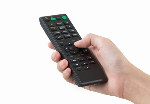 woman hand holding remote control, isolated on white background.