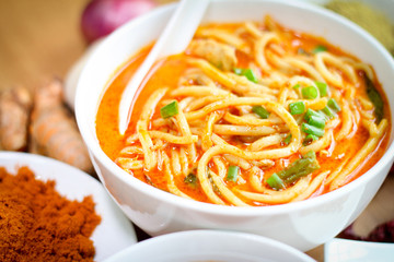 Hot and spicy curry noodle on the table