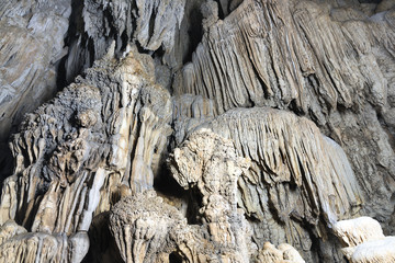 Stalagmites and stalactites in Pakarang Cave, Ratchaprapha Dam at Khao Sok National Park, Surat Thani Province, Thailand.