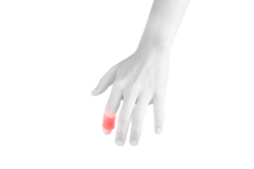 Acute pain in a woman finger isolated on white background. Clipping path on white background.