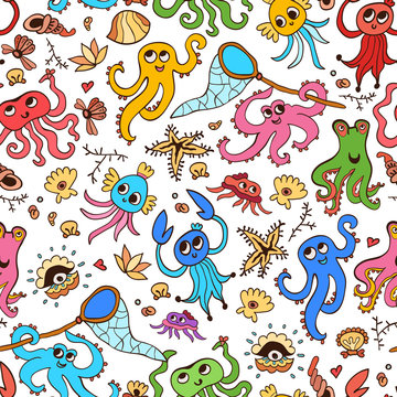 Seamless pattern with octopus and starfish
