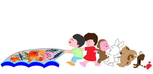 網漁を手伝う動物たち