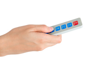 woman hand hold remote control, isolated on white background.