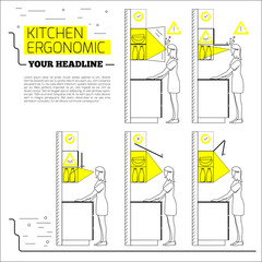 Infographics: ergonomics kitchen design. Vector illustration in line style on white background. Space for your text.