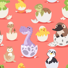 Cute new born animals in eggs easter seamless pattern