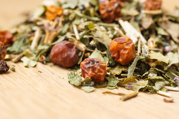 Pile of dry herb leaves and fruits