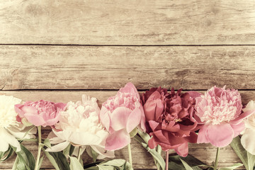 Peony Flowers on Vintage Wooden Boards