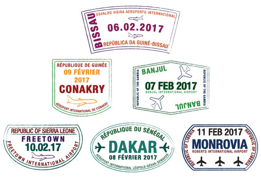 Stylized passport stamps of Liberia, Guinea-Bissau, Guinea, Sierra Leone, the Gambia and Senegal in vector format.