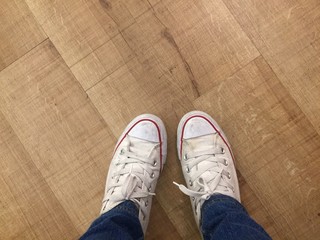 female white sport shoe and copy space background