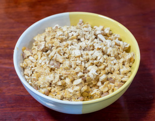 Tofu sliced with pork chops puff in bowl