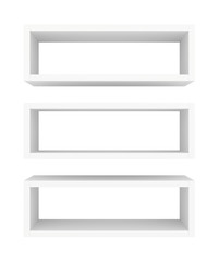 Blank showcase displays shelves front view isolated on white background. 3D rendering.