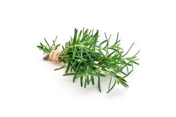 Tied bunch of fresh rosemary, isolated on white background