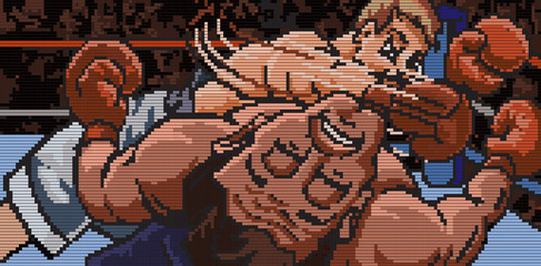 Knockout punch. Boxer scores a knockout punch with the head coming back towards the viewer n pixel style full color graphic