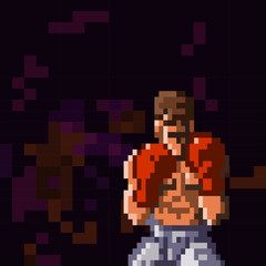 Boxer poses in a fighting stance. Done in a pixel style.
