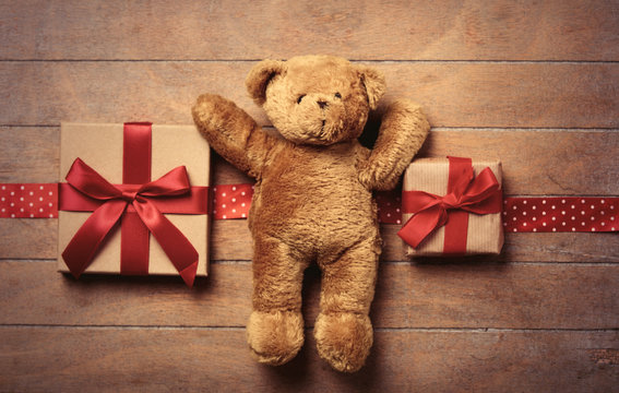 gifts, ribbon and teddy bear