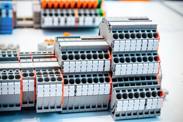 Close up wiring connectors, terminal blocks.