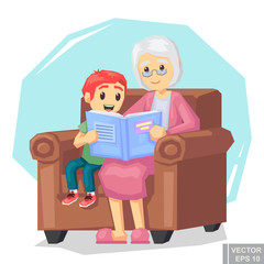 Illustration of kid grandson listening their grandmother reading a story