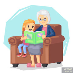 Illustration of kid granddaughter listening their grandmother reading a story