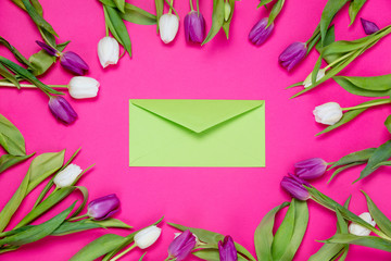 envelope and tulips