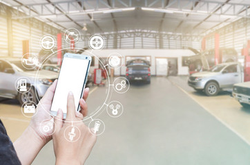 Smartphone and car service icon concept, Woman hand using smartphone