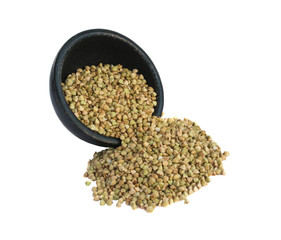 Dry Green Buckwheat Grain in Round Black Bowls Isolated