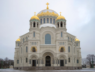 Fototapeta na wymiar St. Nicholas naval Cathedral close up gloomy January day. Kronshtadt, Russia
