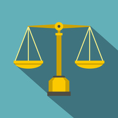Gold scales of justice icon, flat style