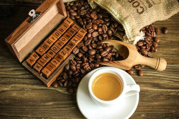 Hot coffee espresso with beans
