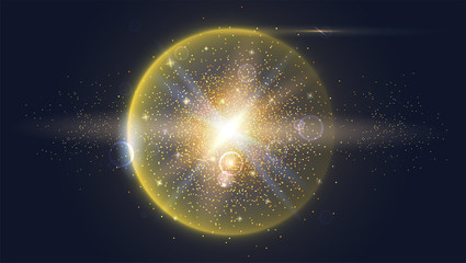 Bright glowing ball filled with particles and dust with shine and glow. The specks of light flying from the explosion