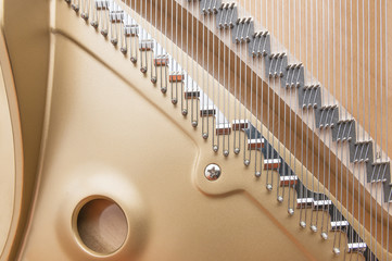 Golden frame and strings of grand piano mechanism