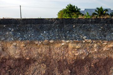 The curb erosion from storms. To indicate the layers of soil and rock.