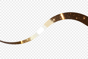 Fototapeta premium Gold wave ribbon. Golden abstract wavy line isolated on transparent background. Light metallic shiny design texture. Stars, sparkles. Bright flow space element. Modern graphic Vector illustration