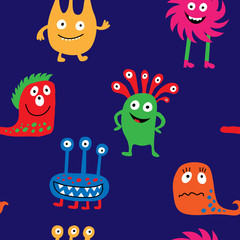 Seamless texture of bright colored cute monsters