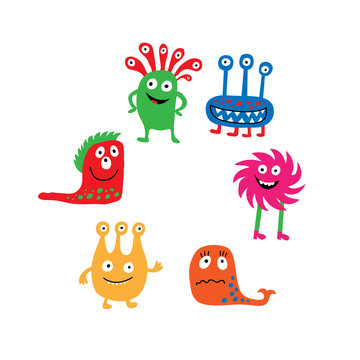 A collection of colorful isolated cute monsters