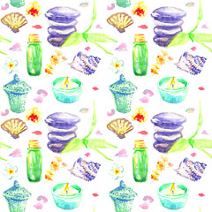 Basalt stones for massage with bamboo shoots, scented candles, aroma oils, sea shells, orchid flowers and pink petals, seamless pattern hand painted watercolor illustration