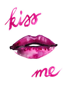 Lips with purple lipstick and hand written words "kiss me" painted in watercolor on clean white background