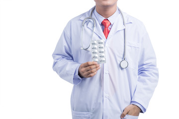 Happy asian doctor with drug, isolated on white