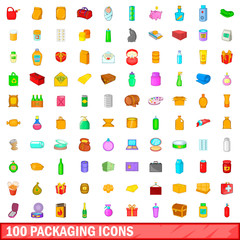 100 packaging icons set, cartoon style