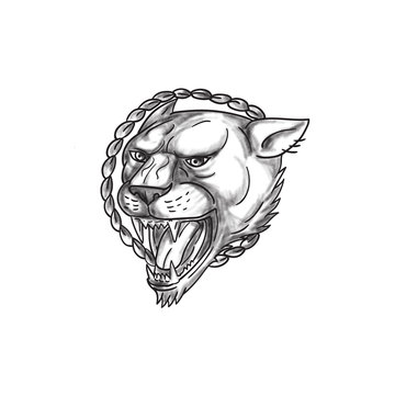 Lioness Growling Rope Circle Tattoo