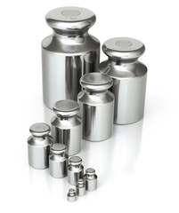 Calibration weight set with various sizes on a white background
