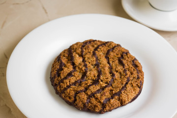 Oatmeal cookies with chocolate on a white plate. Tasty dessert.