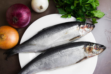 Herring on a marble table and ingredients. Tasty dish.