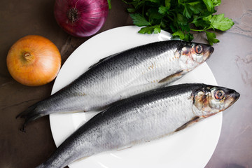 Herring on a marble table and ingredients. Tasty dish.