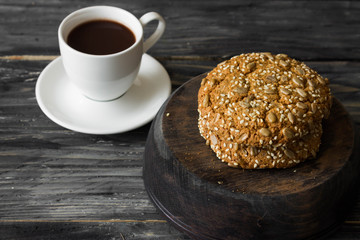 Cookies on a rustic background. A delicious and healthy breakfast.