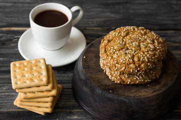 Cookies on a rustic background. A delicious and healthy breakfast.