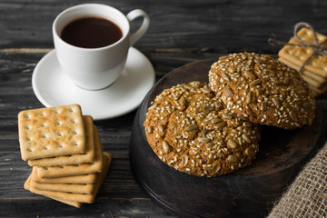 Cookies on a rustic background. A delicious and healthy breakfast.